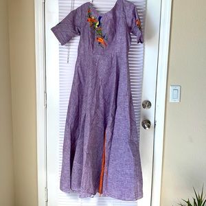 Lilac hand embroidered long dress with side slit